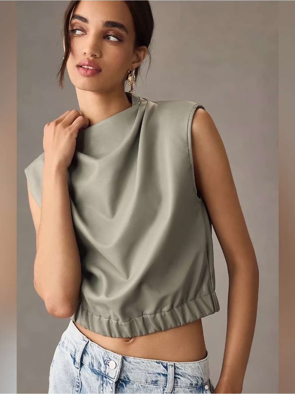 Maeve by Anthropologie Grey Faux Leather Crop Top Cowl Neck Shirt - M